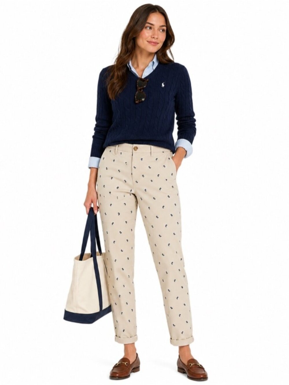 Tommy Hilfiger Paisley Chino Pants Size 10 Beige Navy Ankle Trousers Preppy